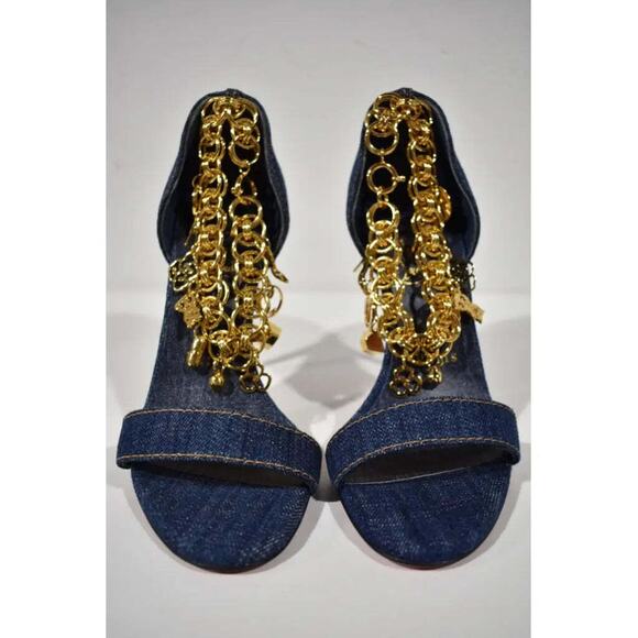 Christian Louboutin Gourmi Sandal 100 Denim Gold Charm Ankle Strap Heel Pump 37 - Picture 6 of 12